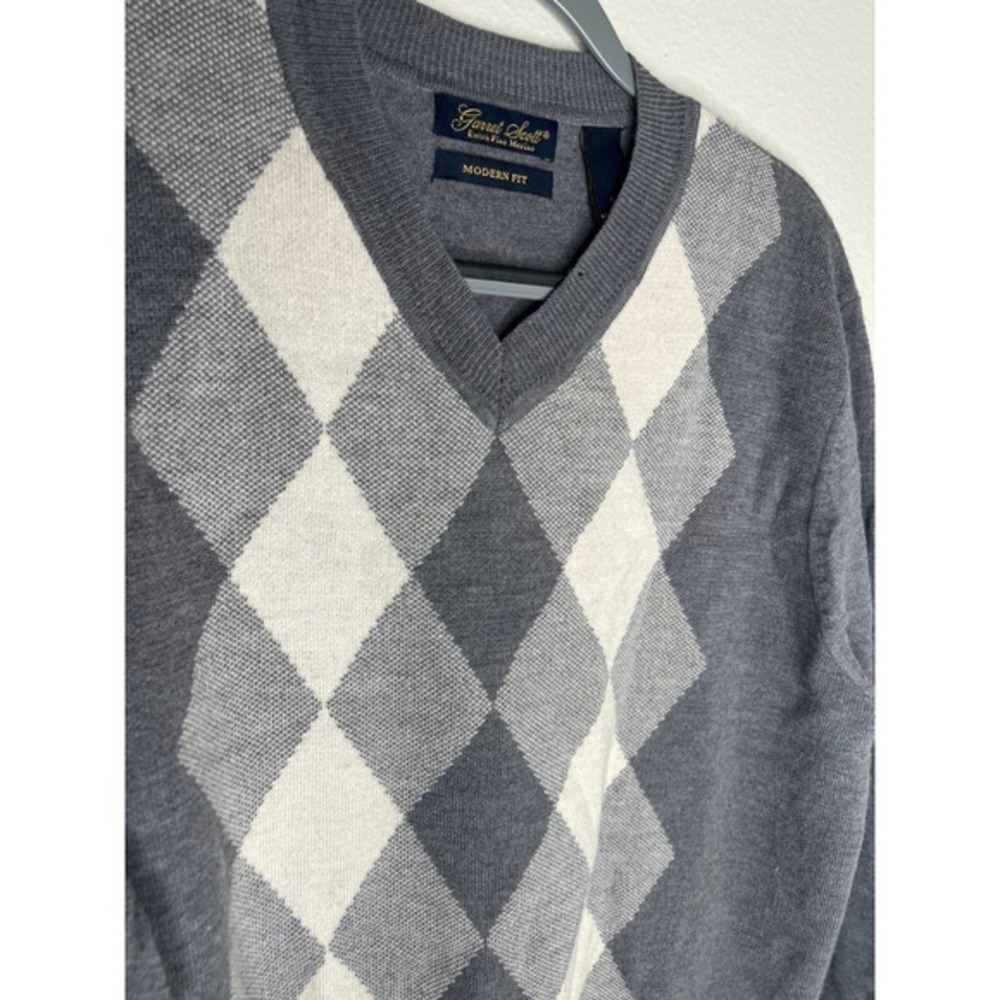 Garret Scott Mens V Neck Argyle‎ Sweater Extra Fine Merino Wool Modern Fit Large - Picture 3 of 7